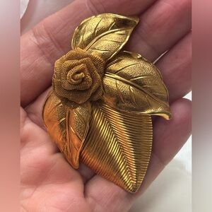Gorgeous Gold Leaf Brooch with Mesh Brown Rose, Vintage